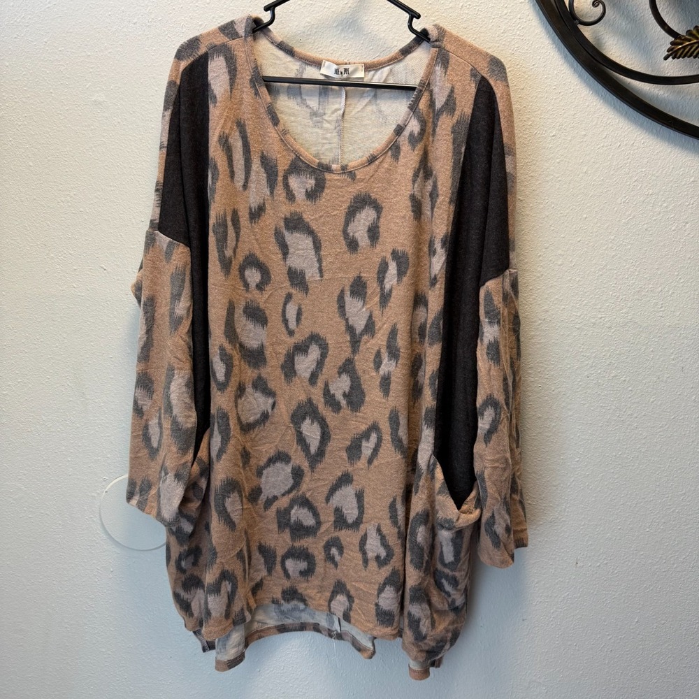 Jade by Jane Women's Leopard Print Dolman Sleeve Top Beige Gray 2XL